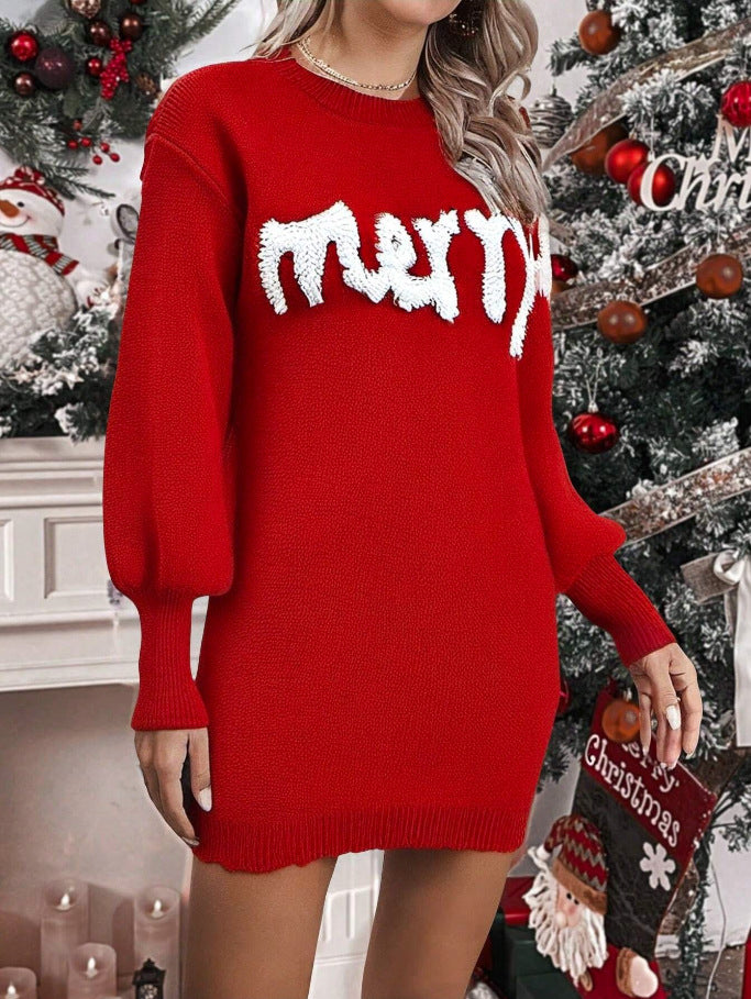 Knit Round Neck Lantern Sleeve Pullover Dresses