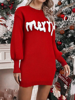 Knit Round Neck Lantern Sleeve Pullover Dresses