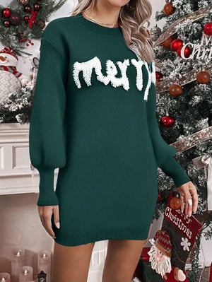Knit Round Neck Lantern Sleeve Pullover Dresses