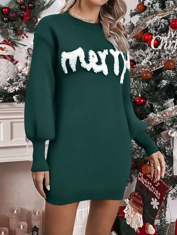 Knit Round Neck Lantern Sleeve Pullover Dresses
