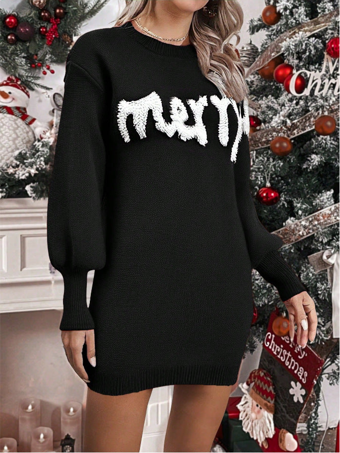 Knit Round Neck Lantern Sleeve Pullover Dresses