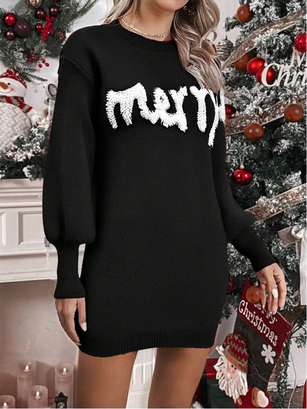 Knit Round Neck Lantern Sleeve Pullover Dresses