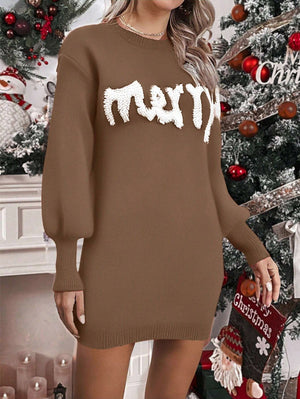 Knit Round Neck Lantern Sleeve Pullover Dresses