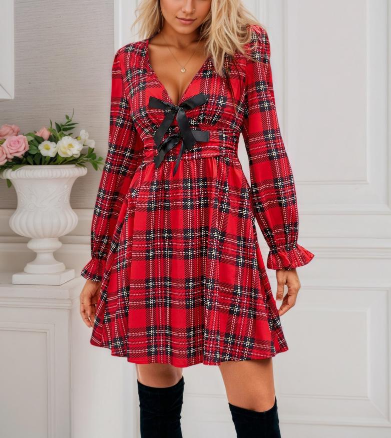 Christmas V-Neck Bell-Sleeve Plaid Dresses