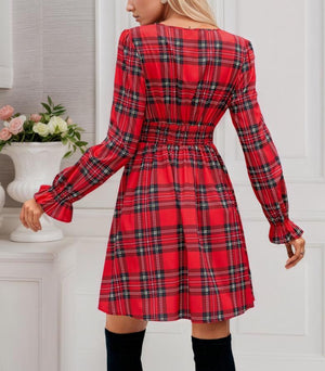 Christmas V-Neck Bell-Sleeve Plaid Dresses