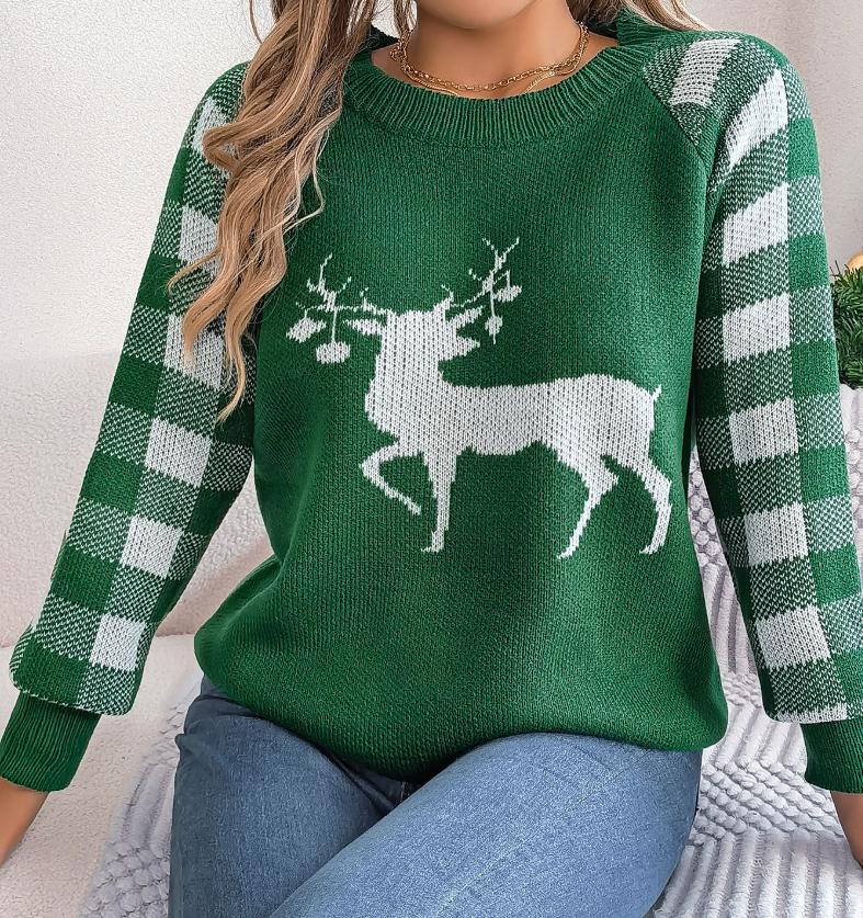 Christmas Plaid Reindeer Long-Sleeve Pullover Sweaters