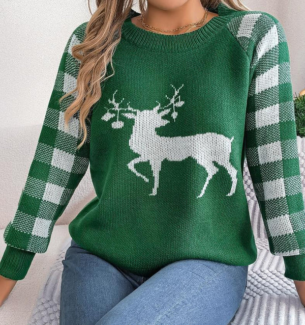 Christmas Plaid Reindeer Long-Sleeve Pullover Sweaters