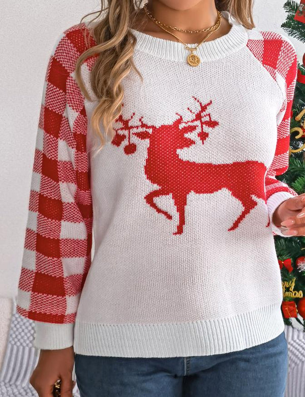 Christmas Plaid Reindeer Long-Sleeve Pullover Sweaters