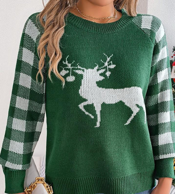 Christmas Plaid Reindeer Long-Sleeve Pullover Sweaters