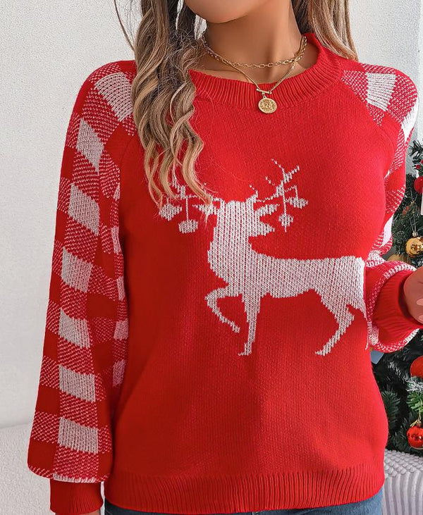 Christmas Plaid Reindeer Long-Sleeve Pullover Sweaters