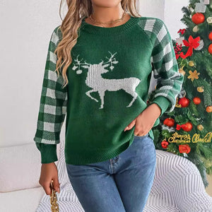 Christmas Plaid Reindeer Long-Sleeve Pullover Sweaters