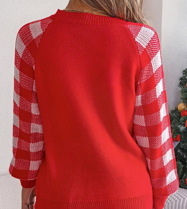 Christmas Plaid Reindeer Long-Sleeve Pullover Sweaters