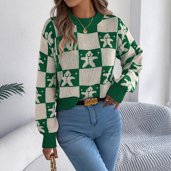 Christmas Snowman Plaid Lantern Long-Sleeve Sweaters