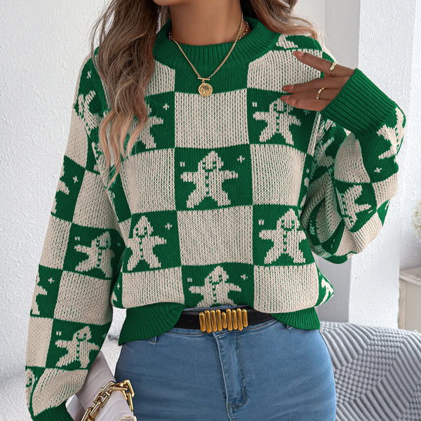 Christmas Snowman Plaid Lantern Long-Sleeve Sweaters