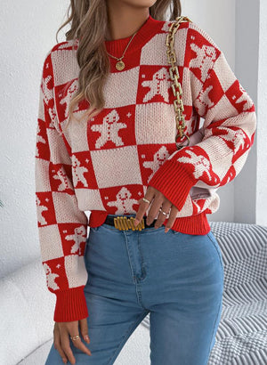 Christmas Snowman Plaid Lantern Long-Sleeve Sweaters