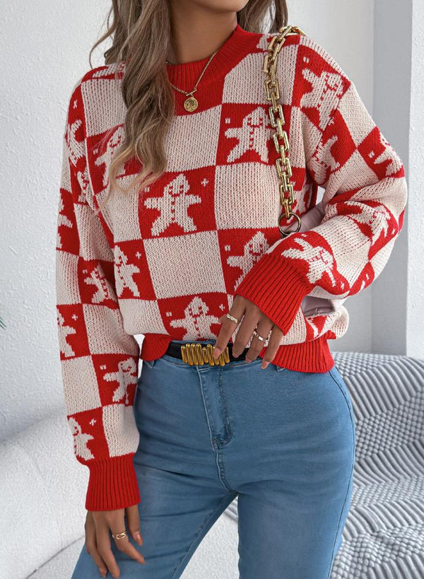 Christmas Snowman Plaid Lantern Long-Sleeve Sweaters