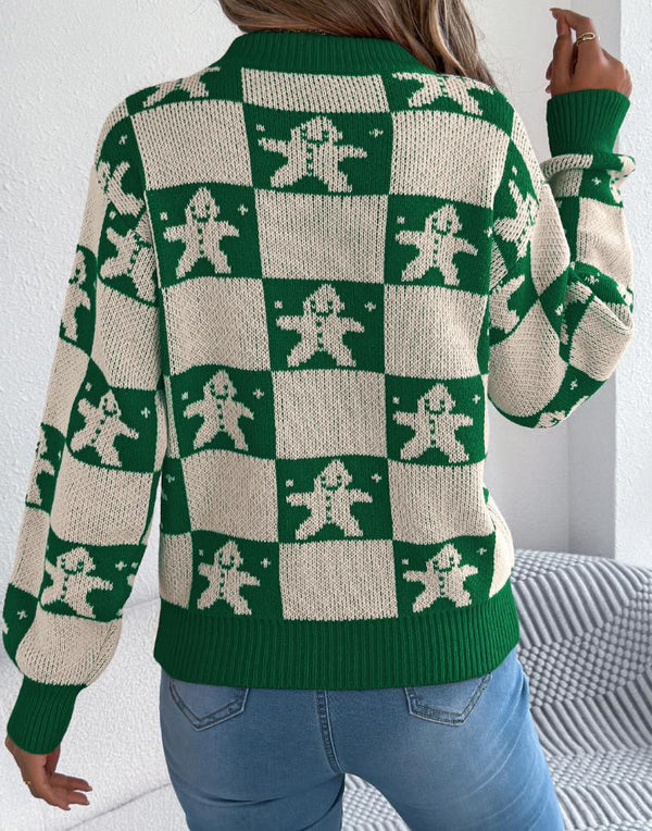 Christmas Snowman Plaid Lantern Long-Sleeve Sweaters