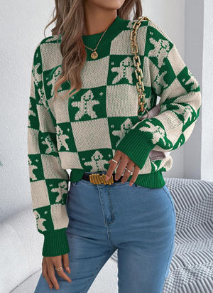 Christmas Snowman Plaid Lantern Long-Sleeve Sweaters