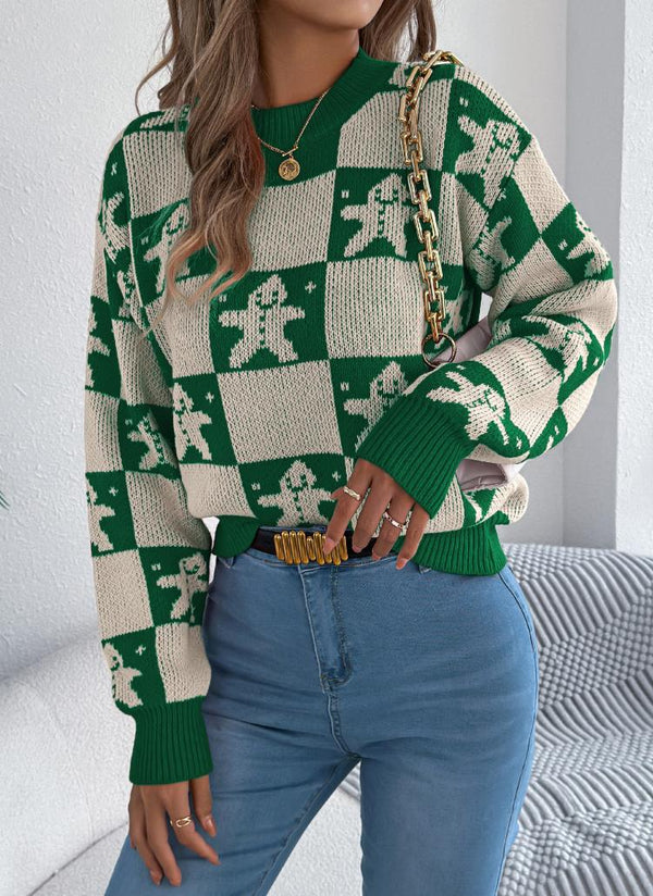 Christmas Snowman Plaid Lantern Long-Sleeve Sweaters