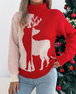 Christmas Color-Blocking Reindeer Long-Sleeve Sweaters
