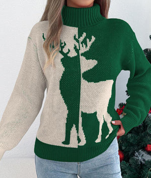 Christmas Color-Blocking Reindeer Long-Sleeve Sweaters