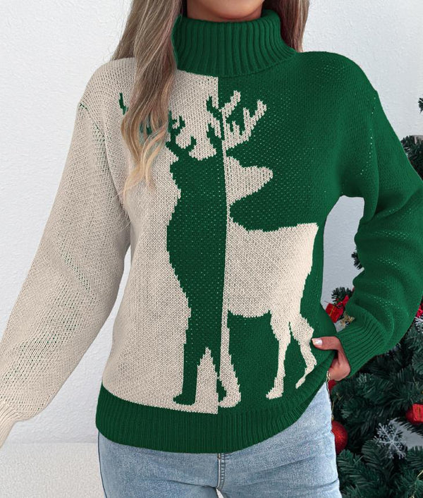 Christmas Color-Blocking Reindeer Long-Sleeve Sweaters