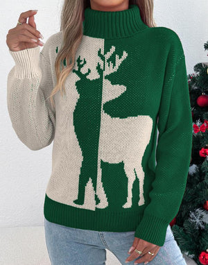 Christmas Color-Blocking Reindeer Long-Sleeve Sweaters
