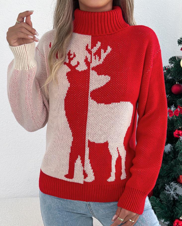 Christmas Color-Blocking Reindeer Long-Sleeve Sweaters
