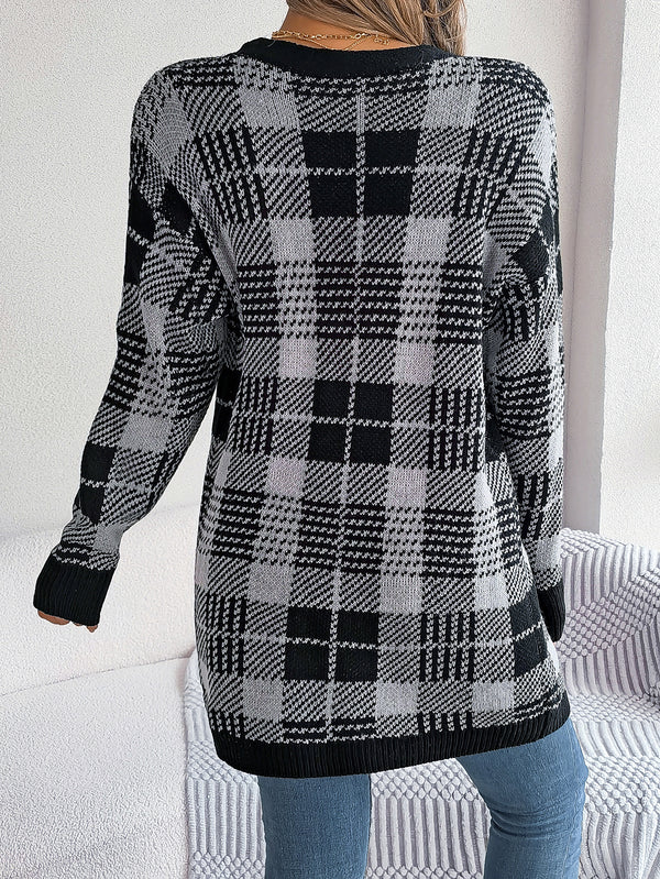 Contrast-Color Christmas Plaid Cardigans