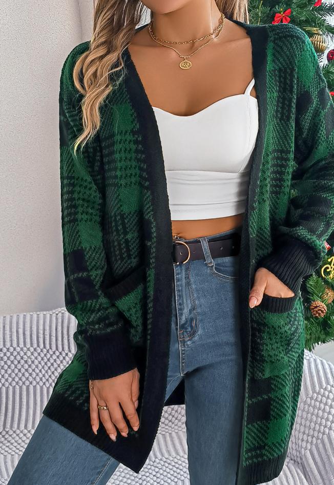 Contrast-Color Christmas Plaid Cardigans