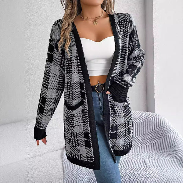 Contrast-Color Christmas Plaid Cardigans