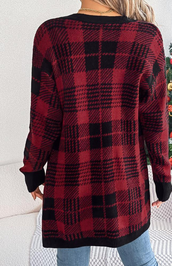 Contrast-Color Christmas Plaid Cardigans