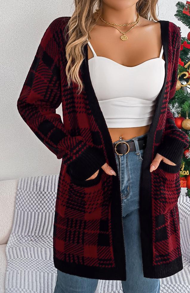 Contrast-Color Christmas Plaid Cardigans