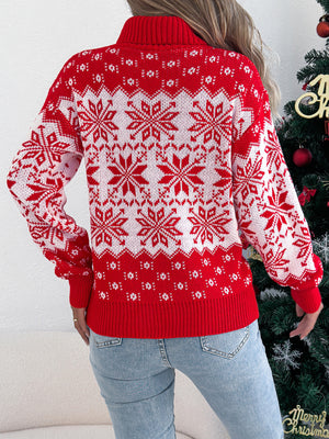 Christmas Snowflake Pattern Lantern Sleeve Turtleneck Sweaters