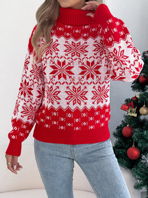 Christmas Snowflake Pattern Lantern Sleeve Turtleneck Sweaters