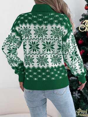 Christmas Snowflake Pattern Lantern Sleeve Turtleneck Sweaters