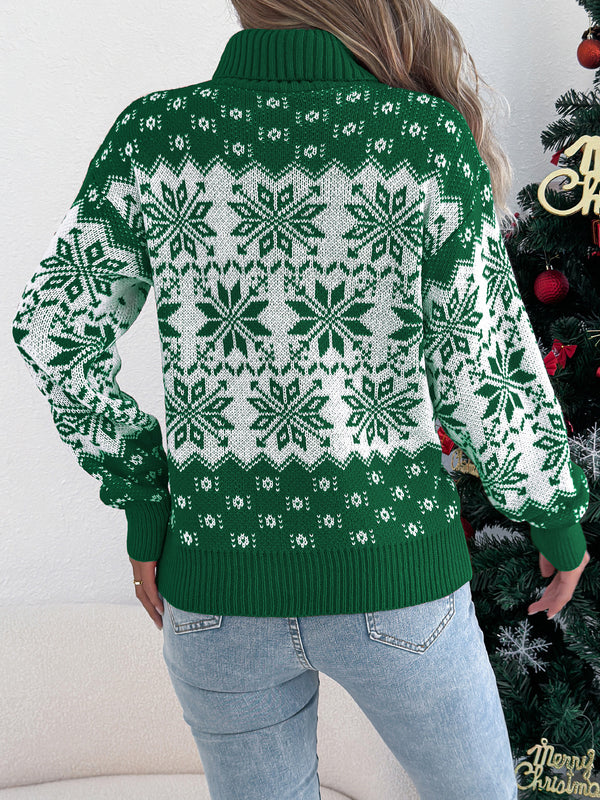 Christmas Snowflake Pattern Lantern Sleeve Turtleneck Sweaters