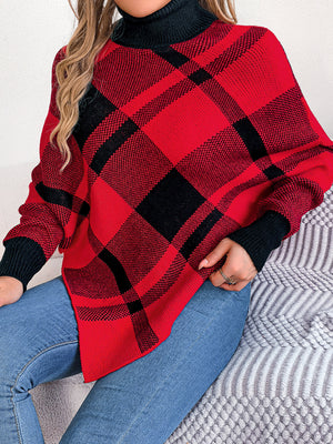 Christmas Color-Block Plaid Turtleneck Long-Sleeve Cape Cape Sweaters