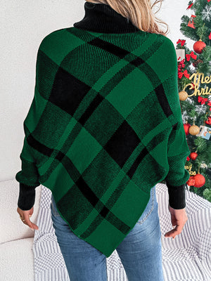 Christmas Color-Block Plaid Turtleneck Long-Sleeve Cape Cape Sweaters