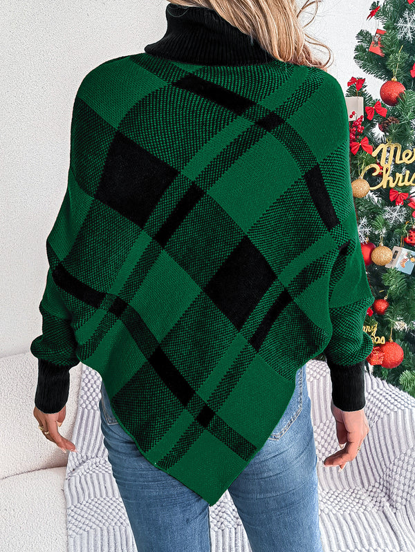 Christmas Color-Block Plaid Turtleneck Long-Sleeve Cape Cape Sweaters