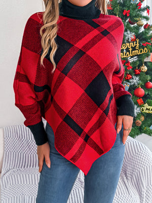 Christmas Color-Block Plaid Turtleneck Long-Sleeve Cape Cape Sweaters