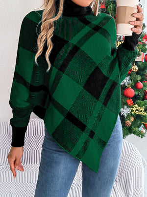 Christmas Color-Block Plaid Turtleneck Long-Sleeve Cape Cape Sweaters