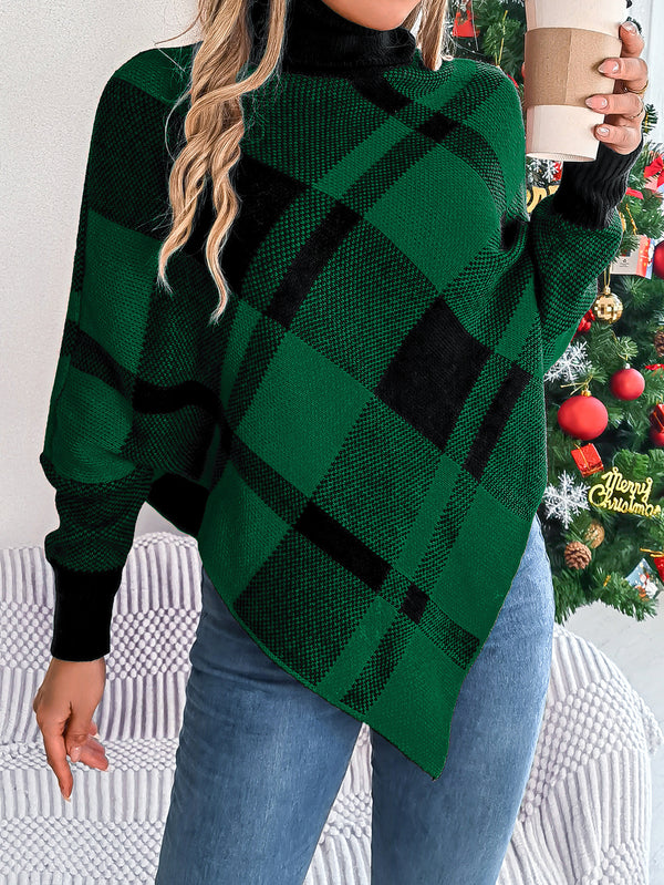 Christmas Color-Block Plaid Turtleneck Long-Sleeve Cape Cape Sweaters