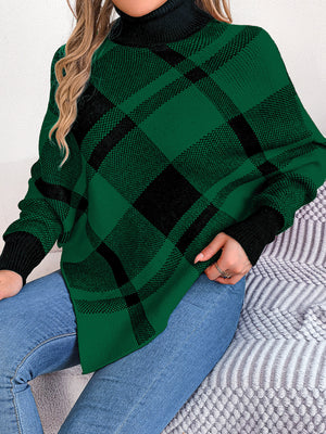 Christmas Color-Block Plaid Turtleneck Long-Sleeve Cape Cape Sweaters