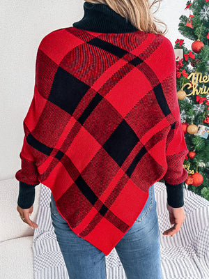 Christmas Color-Block Plaid Turtleneck Long-Sleeve Cape Cape Sweaters