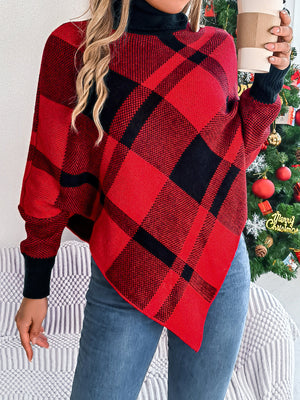 Christmas Color-Block Plaid Turtleneck Long-Sleeve Cape Cape Sweaters
