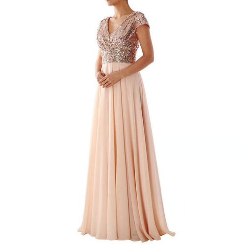V-Neck Sequin Chiffon Patchwork Dresses