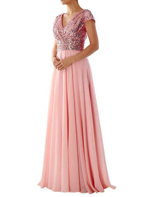 V-Neck Sequin Chiffon Patchwork Dresses