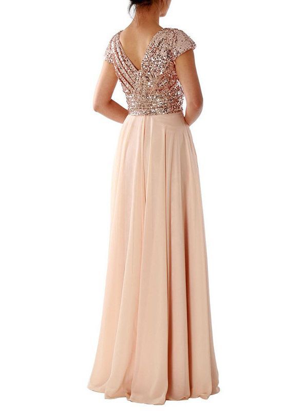 V-Neck Sequin Chiffon Patchwork Dresses