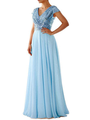 V-Neck Sequin Chiffon Patchwork Dresses